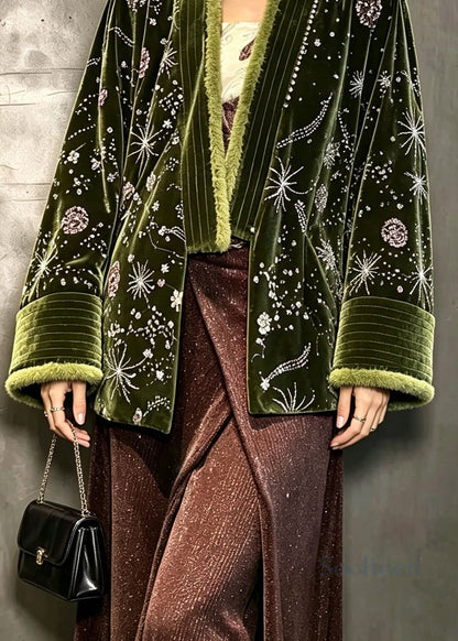 Elegant Green Embroidered Sequins Velvet Warm Fleece Coat Winter