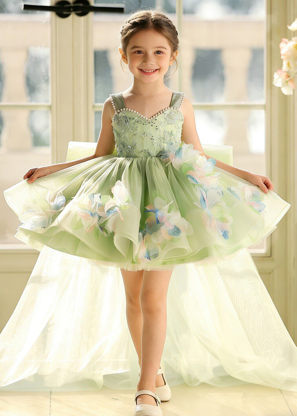Elegant Green Flower Pearl Tulle Baby Girls Dresses Summer