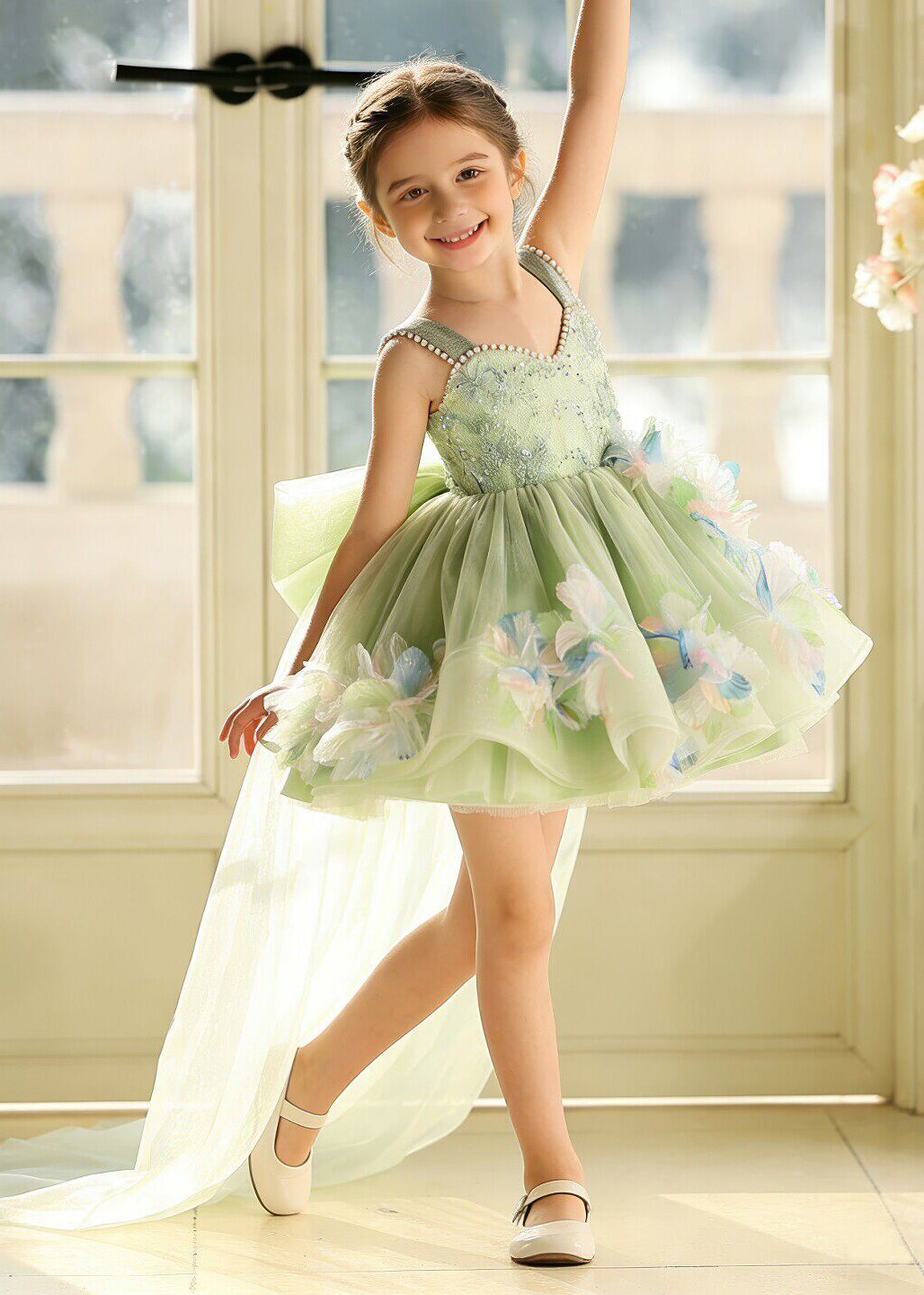 Elegant Green Flower Pearl Tulle Baby Girls Dresses Summer