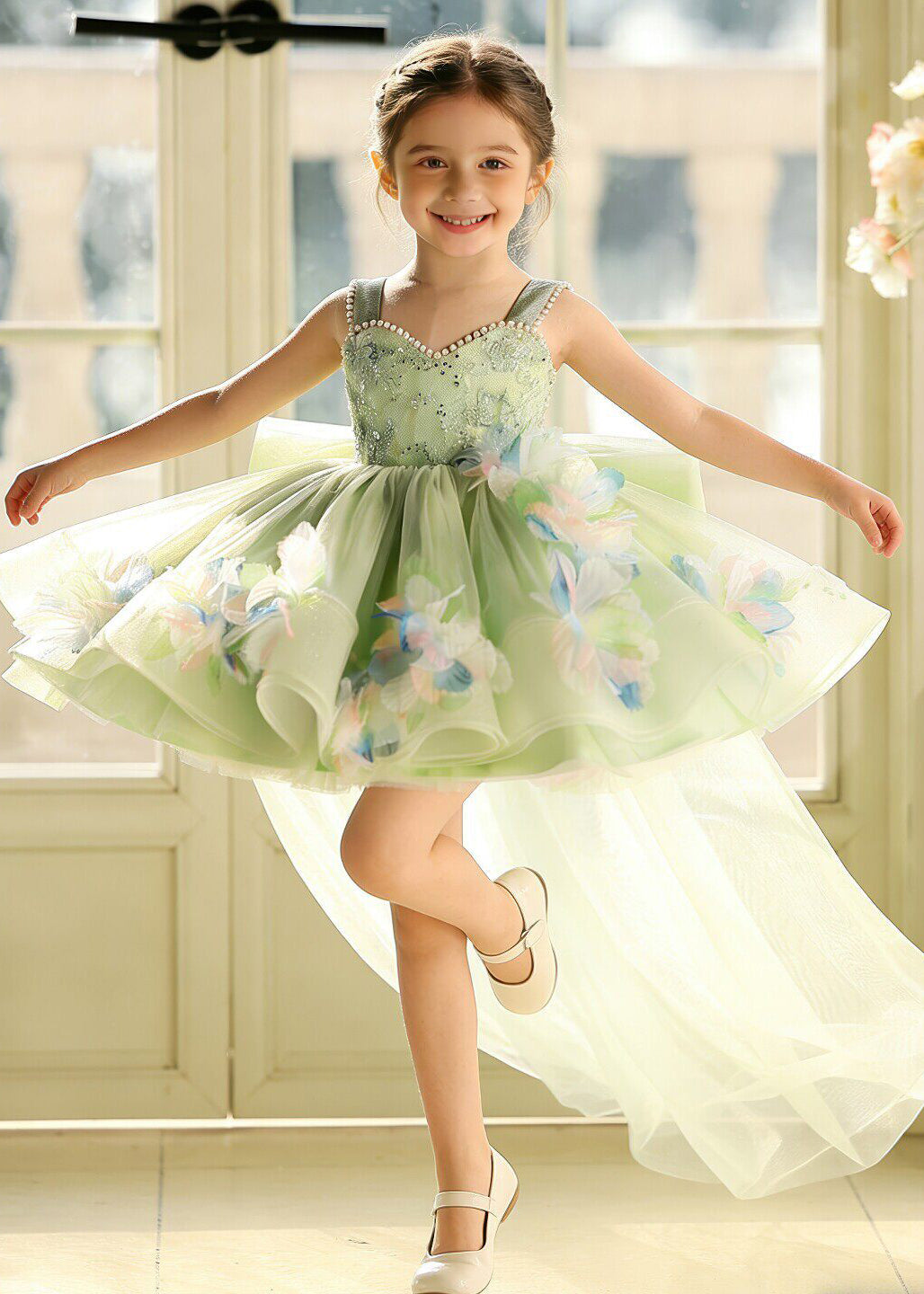 Elegant Green Flower Pearl Tulle Baby Girls Dresses Summer