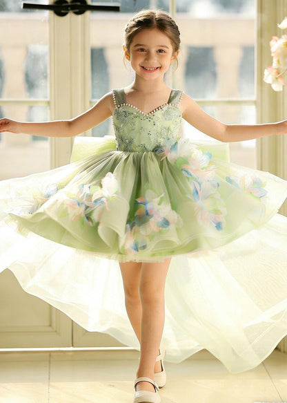 Elegant Green Flower Pearl Tulle Baby Girls Dresses Summer