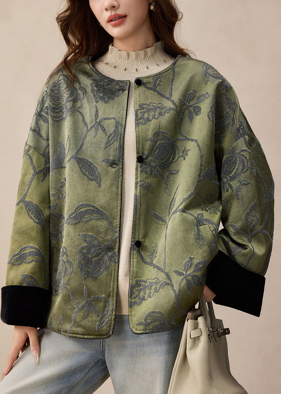 Elegant Green Jacquard Wear On Both Sides Silk Jackets Spring