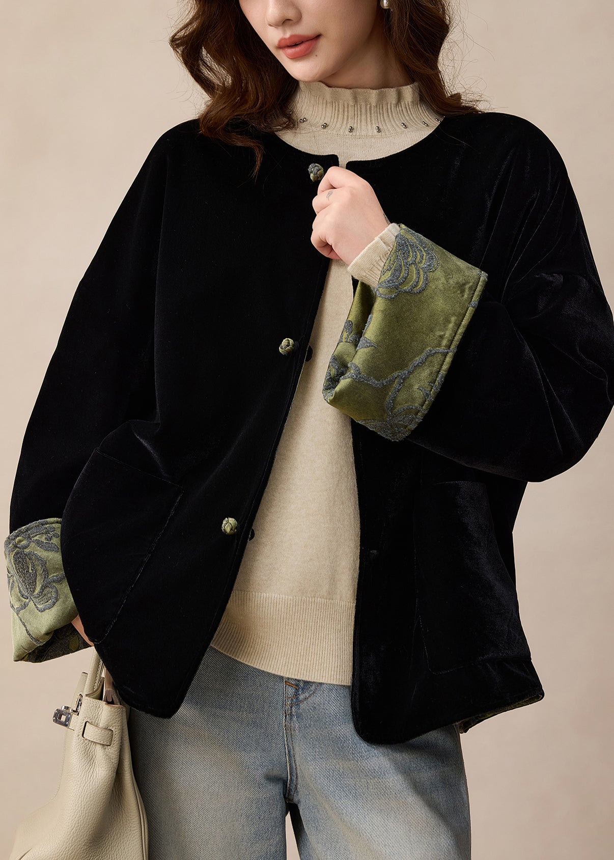 Elegant Green Jacquard Wear On Both Sides Silk Jackets Spring