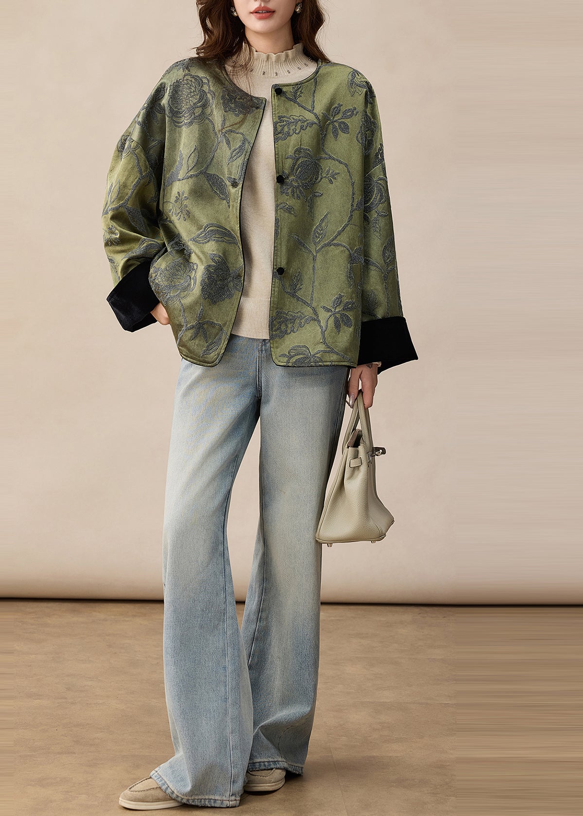 Elegant Green Jacquard Wear On Both Sides Silk Jackets Spring