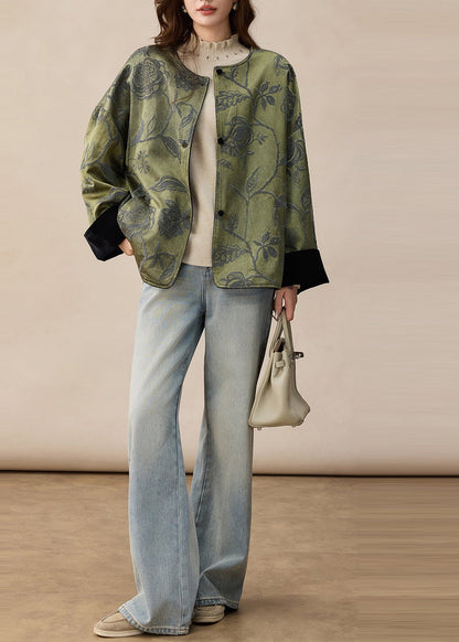 Elegant Green Jacquard Wear On Both Sides Silk Jackets Spring