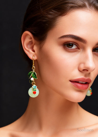 Elegant Green Leaf Metal Fine Circular Jade Drop Earrings