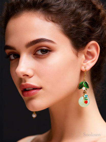 Elegant Green Leaf Metal Fine Circular Jade Drop Earrings