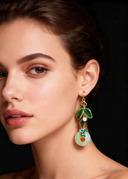 Elegant Green Leaf Metal Fine Circular Jade Drop Earrings