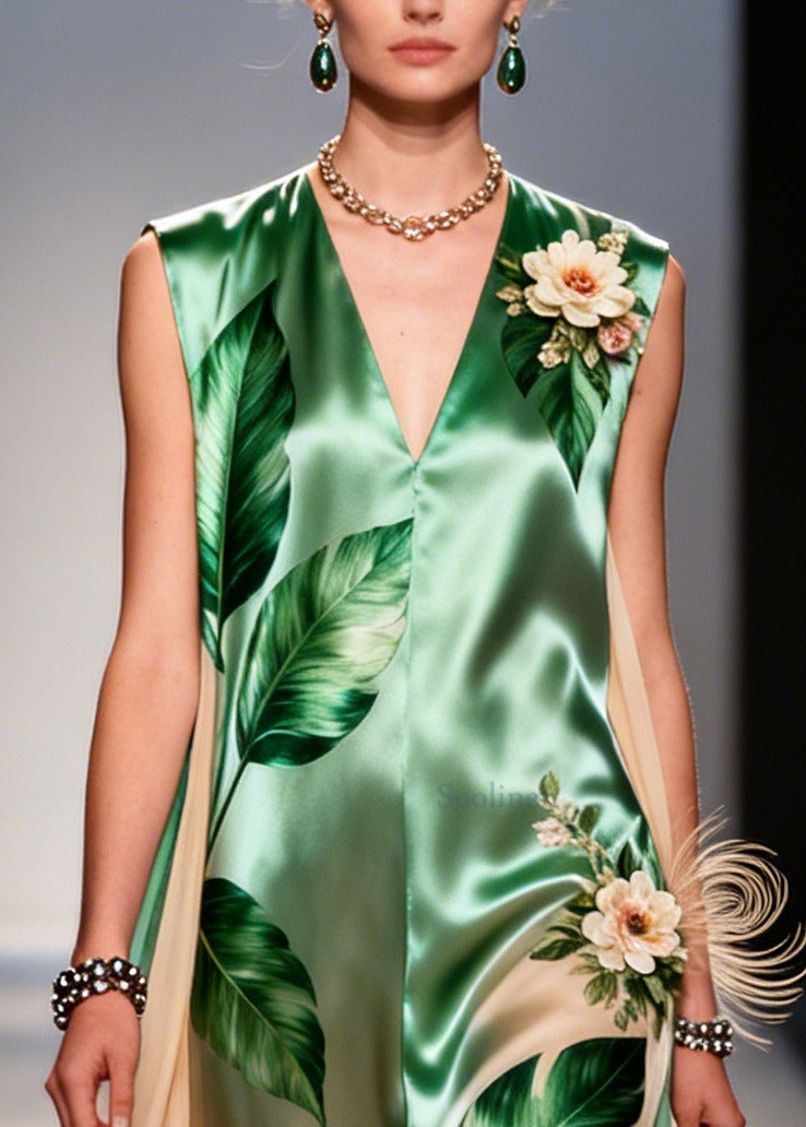 Elegant Green Leaf Print Handmade Flower Chiffon Dresses Sleeveless