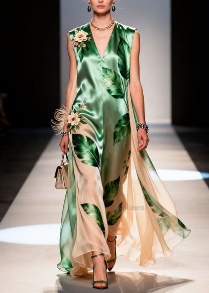 Elegant Green Leaf Print Handmade Flower Chiffon Dresses Sleeveless