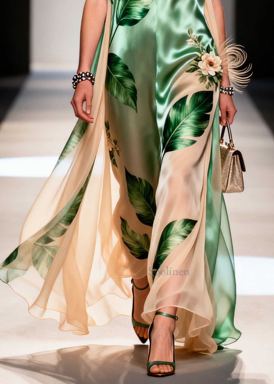Elegant Green Leaf Print Handmade Flower Chiffon Dresses Sleeveless