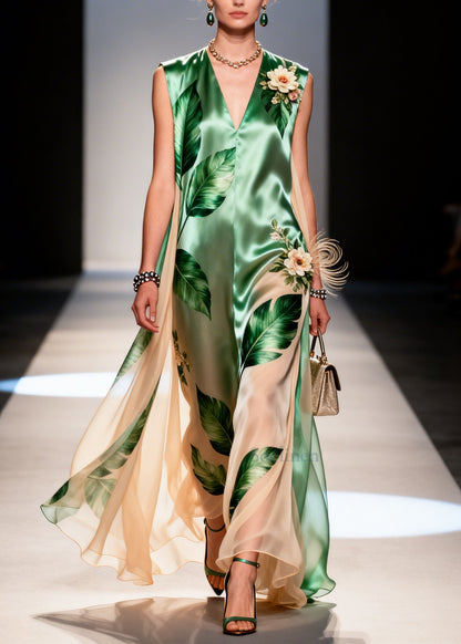 Elegant Green Leaf Print Handmade Flower Chiffon Dresses Sleeveless