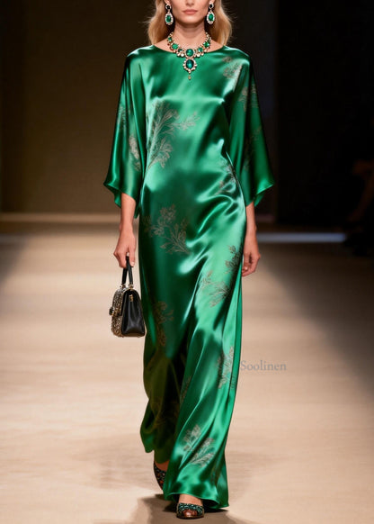 Elegant Green O Neck Jacquard Silk Ankle Dress Summer