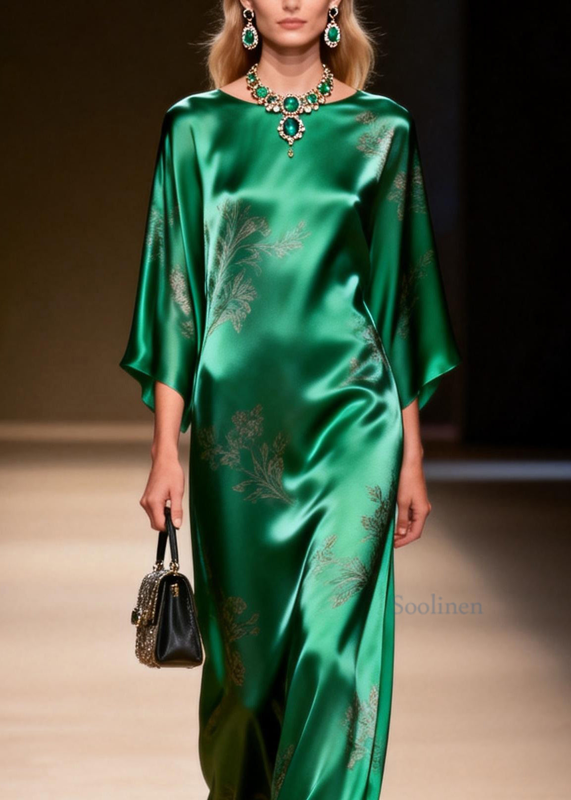 Elegant Green O Neck Jacquard Silk Ankle Dress Summer