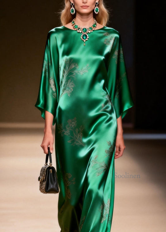 Elegant Green O Neck Jacquard Silk Ankle Dress Summer
