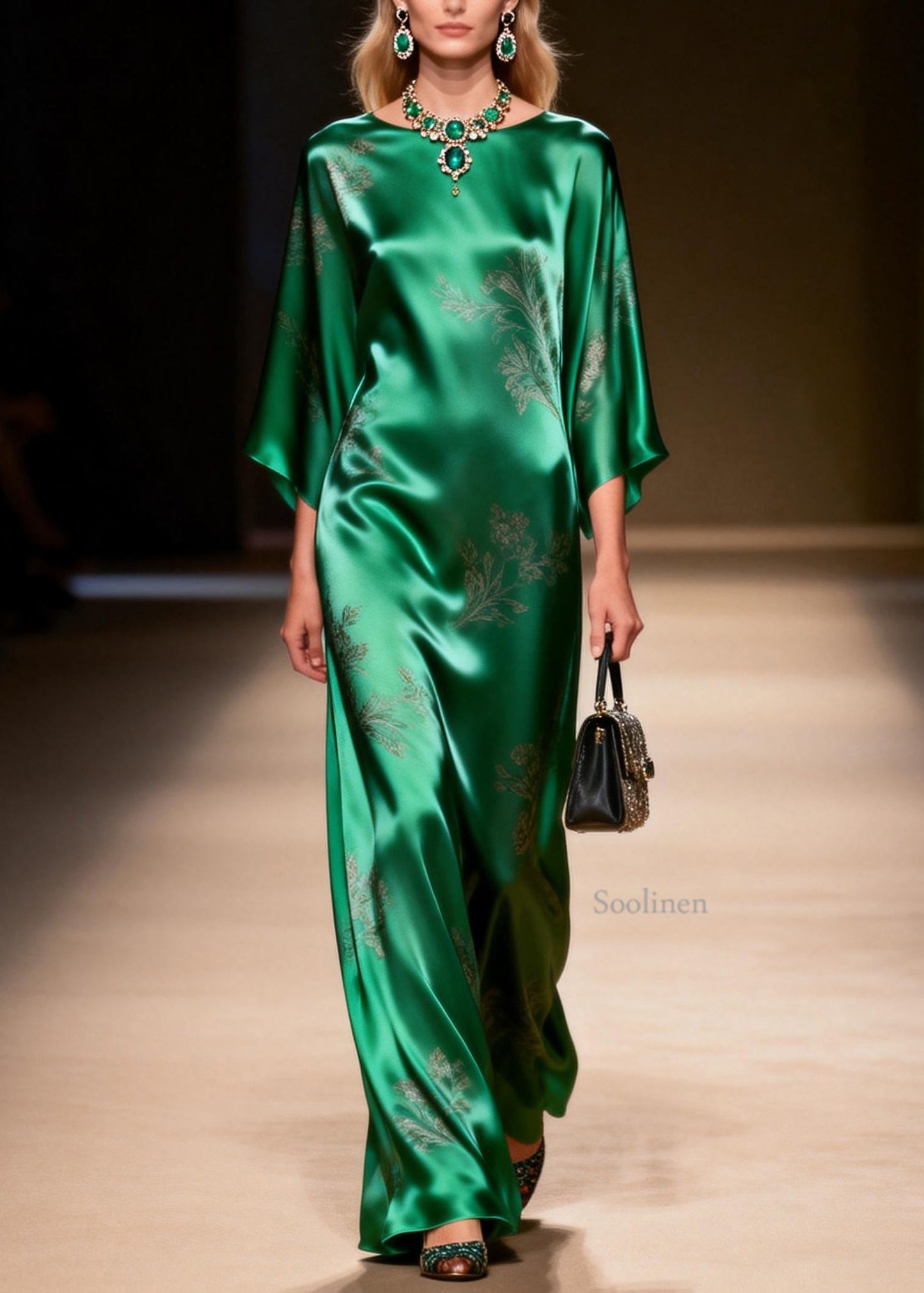 Elegant Green O Neck Jacquard Silk Ankle Dress Summer
