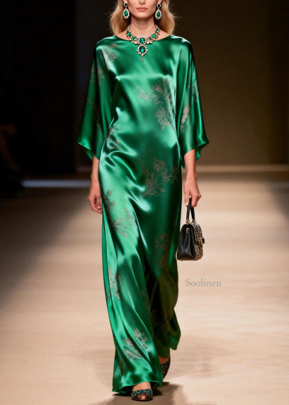 Elegant Green O Neck Jacquard Silk Ankle Dress Summer