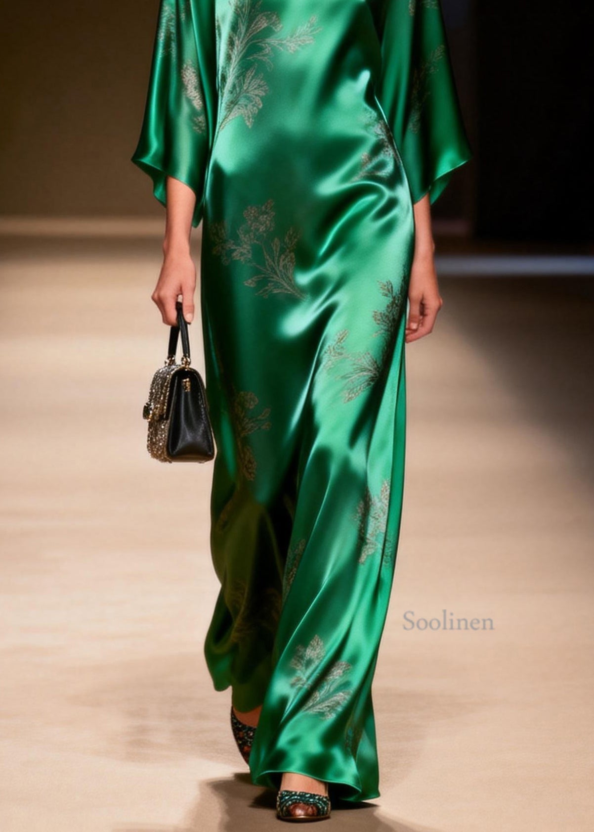 Elegant Green O Neck Jacquard Silk Ankle Dress Summer