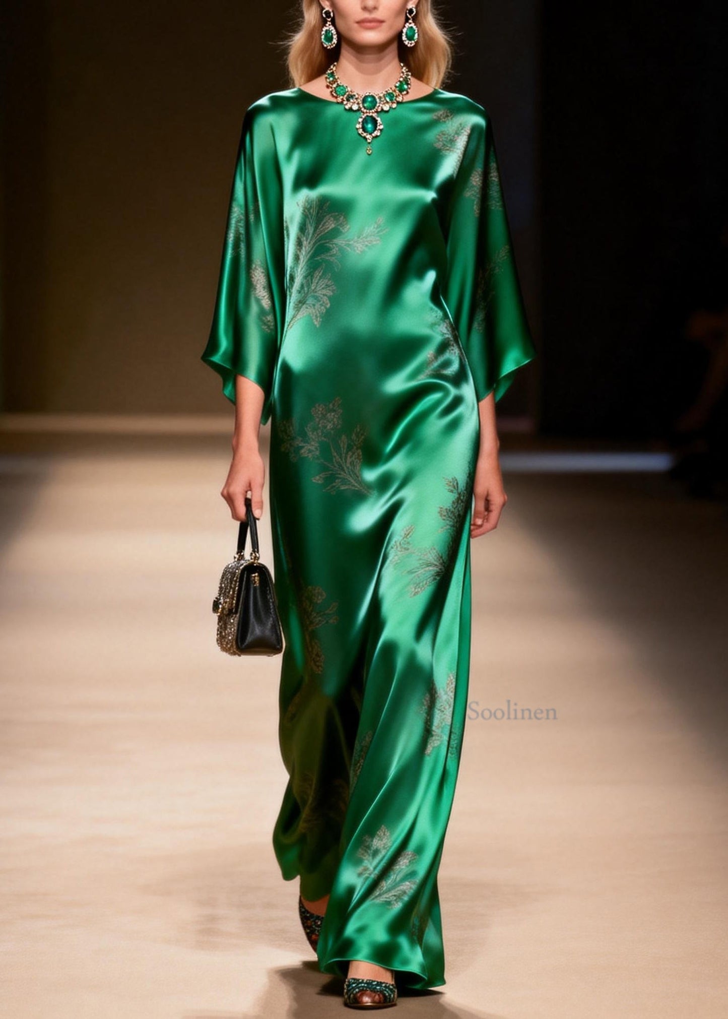 Elegant Green O Neck Jacquard Silk Ankle Dress Summer