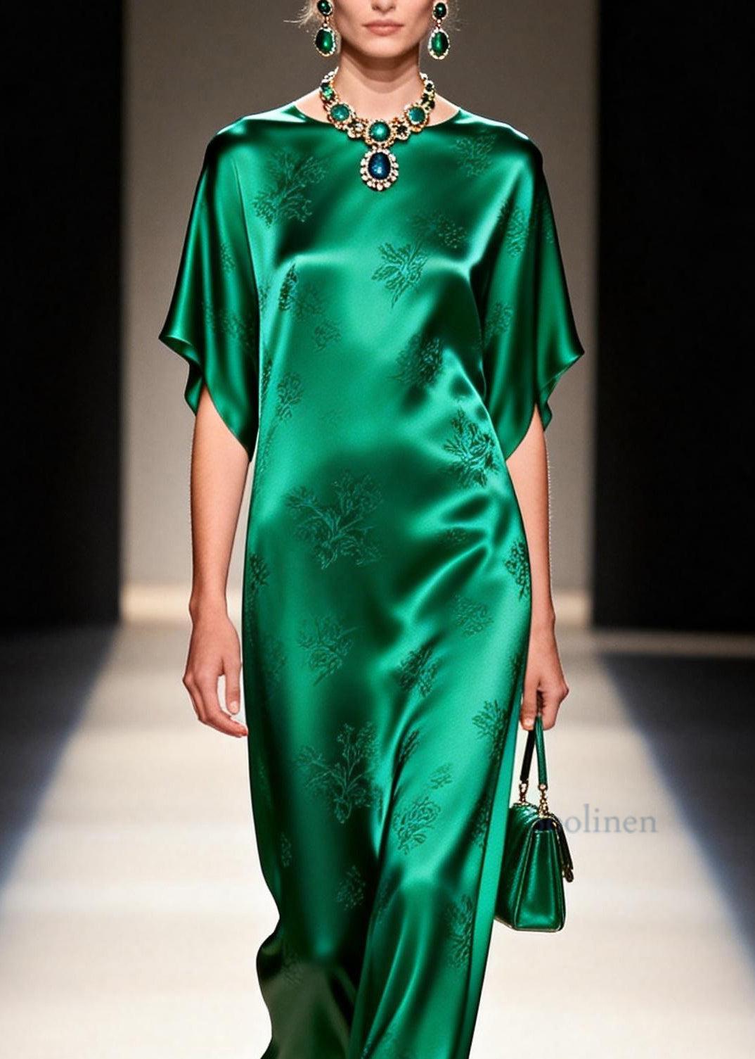 Elegant Green O Neck Jacquard Silk Long Dress Summer