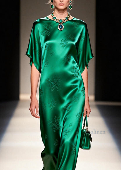 Elegant Green O Neck Jacquard Silk Long Dress Summer