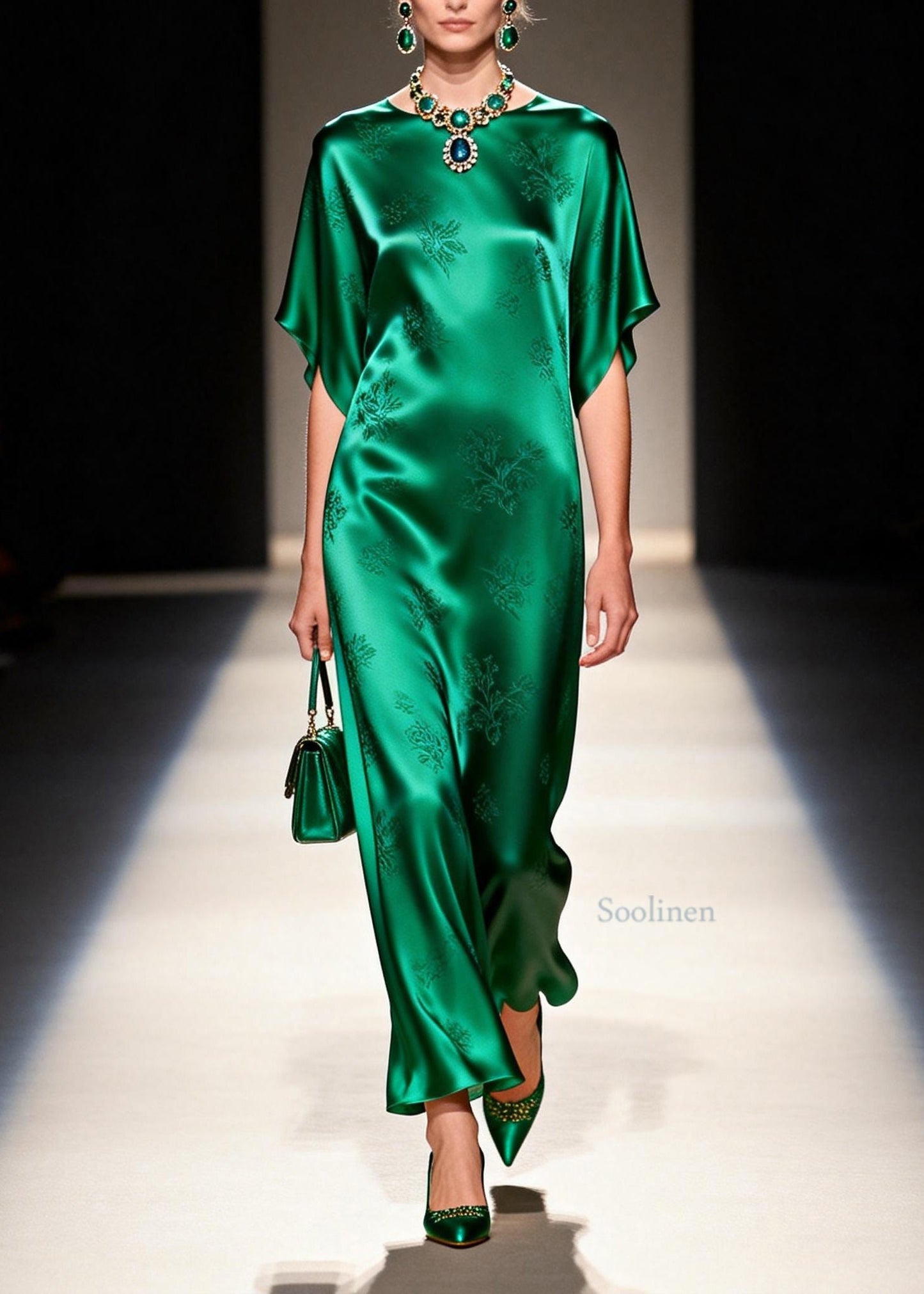 Elegant Green O Neck Jacquard Silk Long Dress Summer