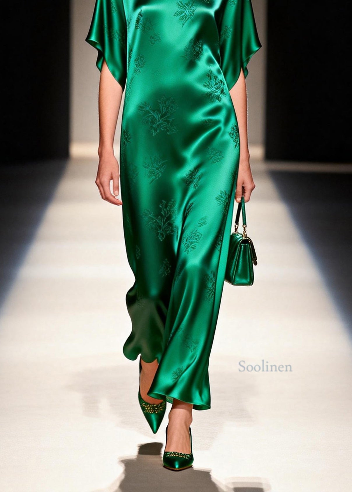 Elegant Green O Neck Jacquard Silk Long Dress Summer