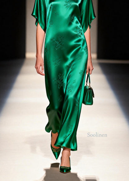 Elegant Green O Neck Jacquard Silk Long Dress Summer