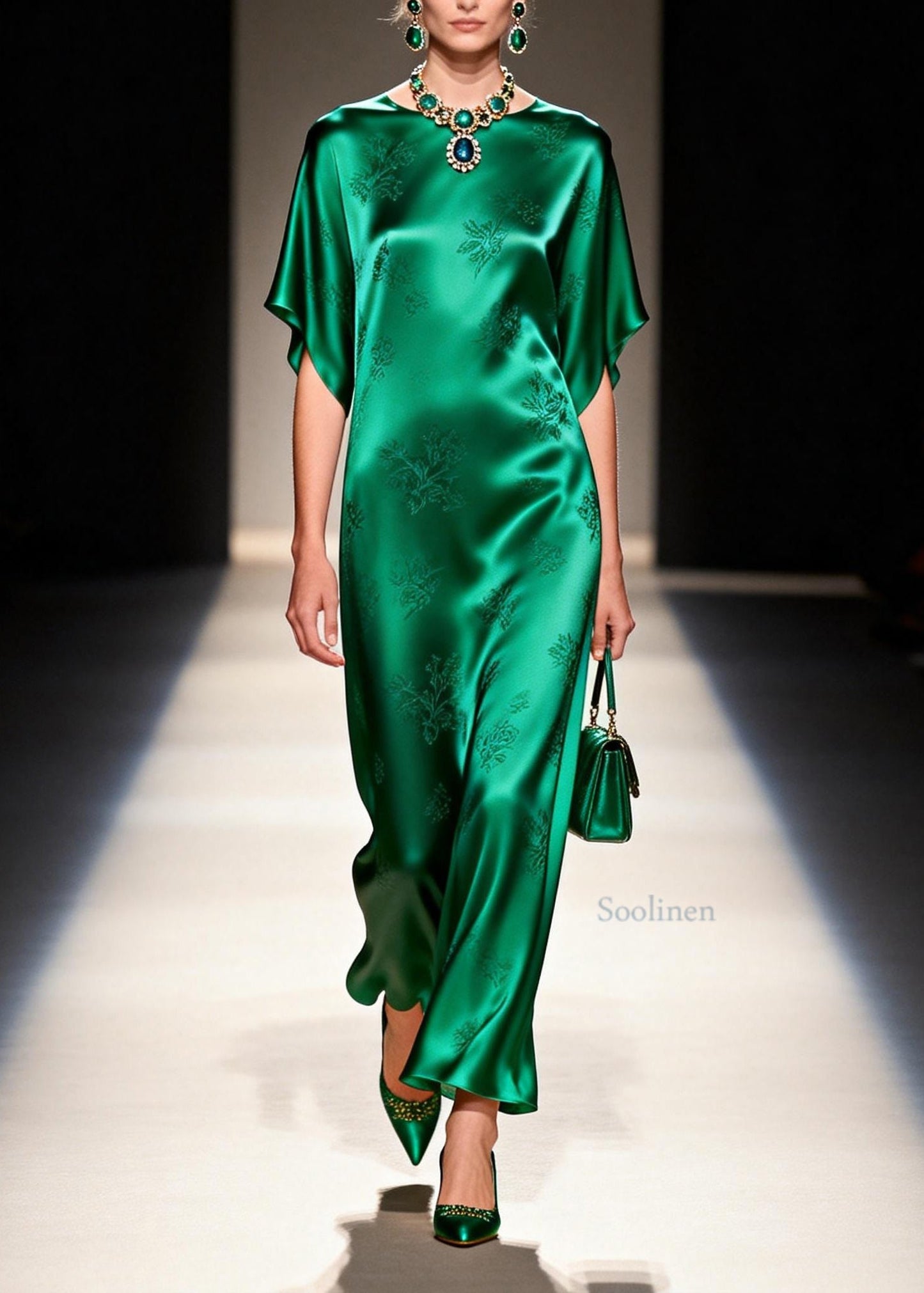 Elegant Green O Neck Jacquard Silk Long Dress Summer