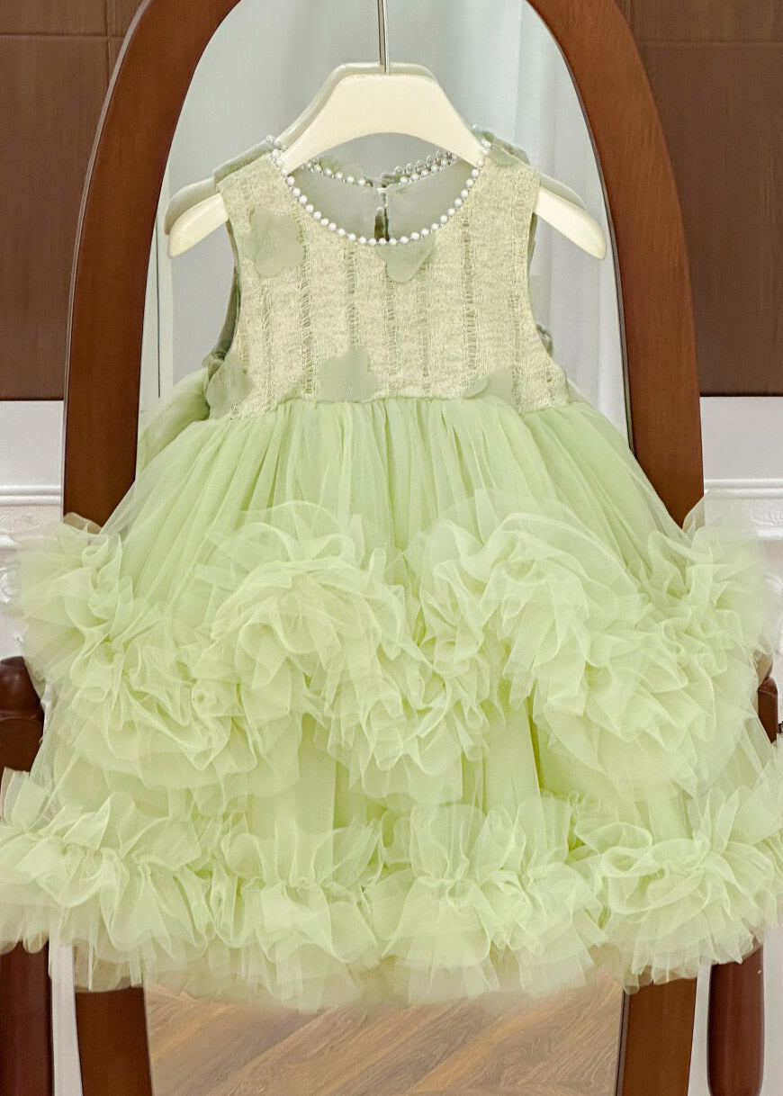 Elegant Green O-Neck Nail Bead Tulle Girls Long Dress Summer