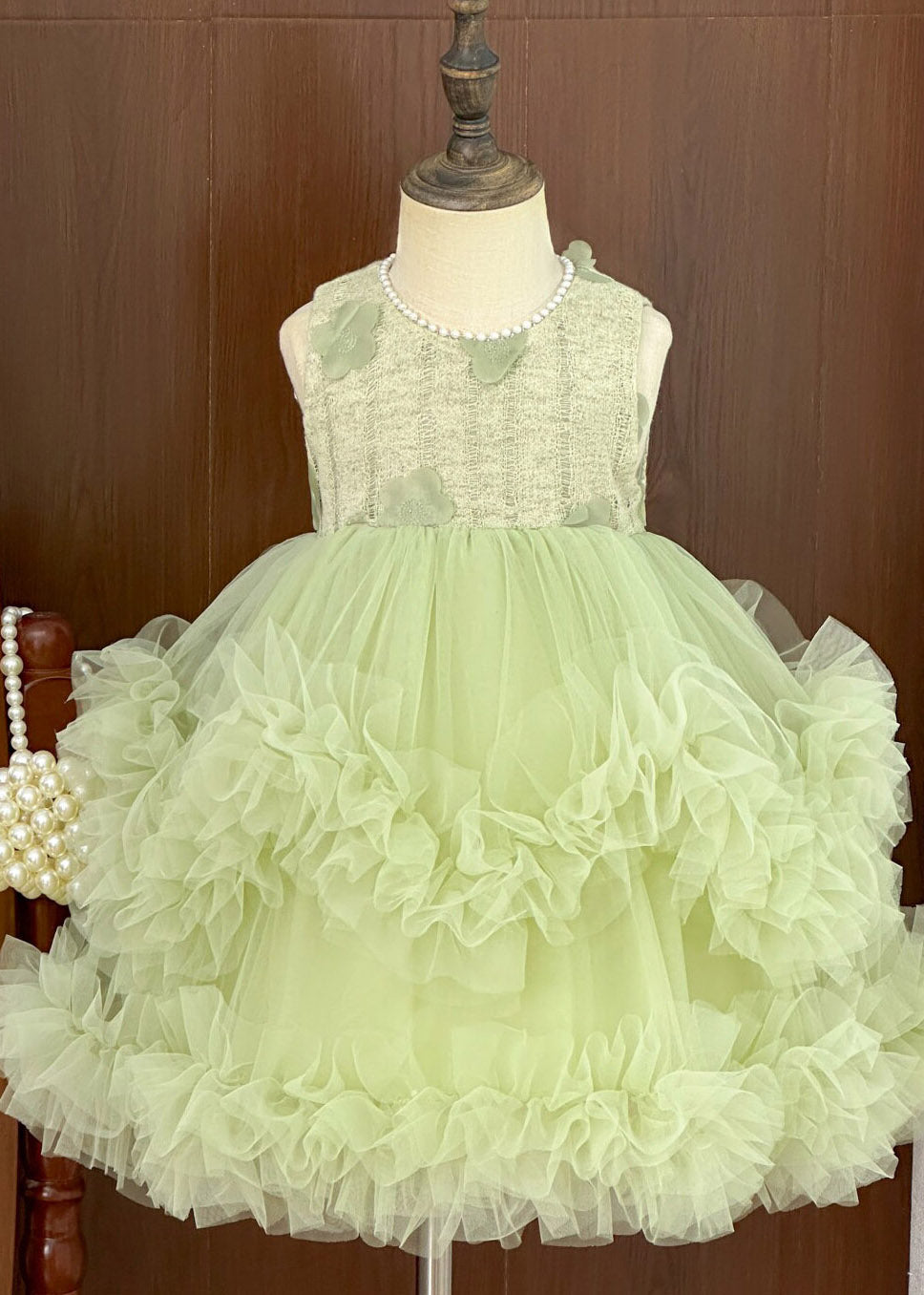 Elegant Green O-Neck Nail Bead Tulle Girls Long Dress Summer