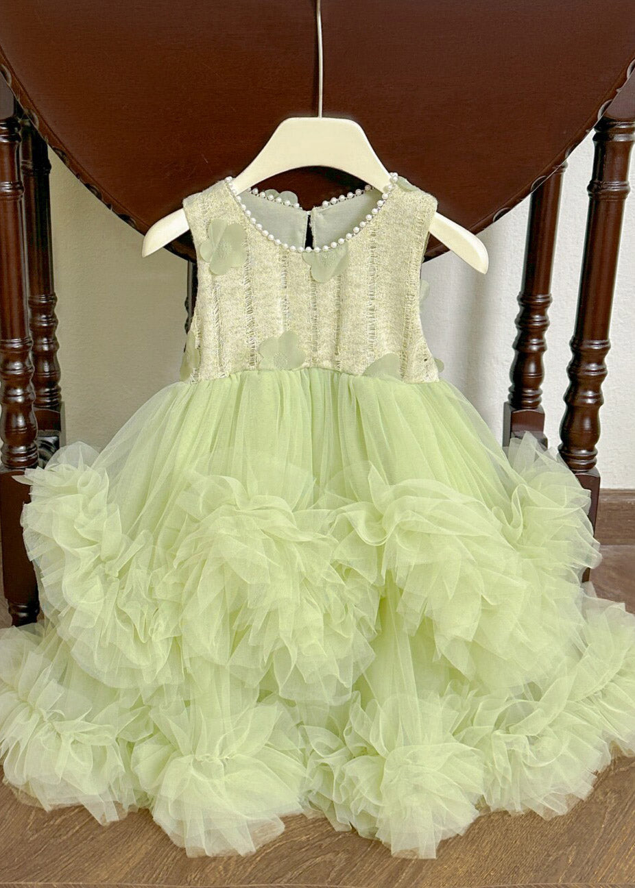 Elegant Green O-Neck Nail Bead Tulle Girls Long Dress Summer