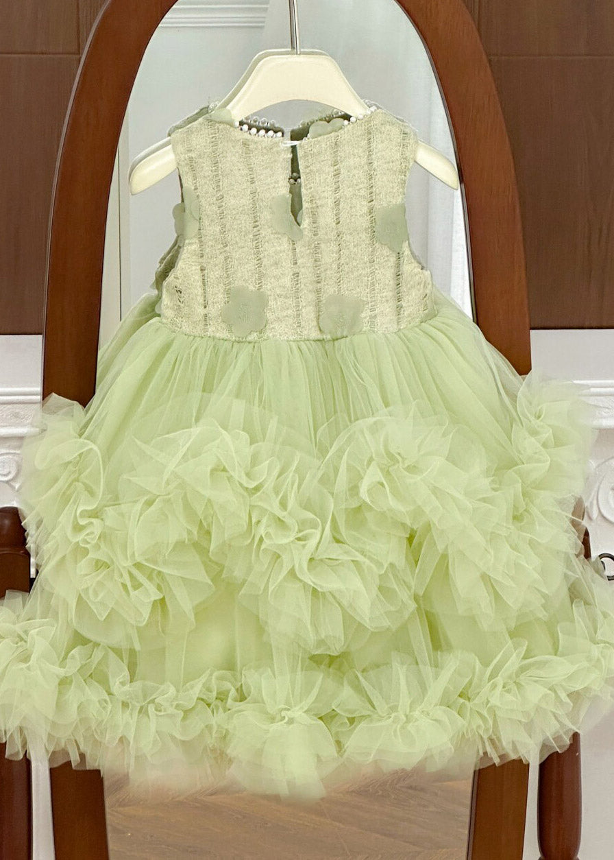 Elegant Green O-Neck Nail Bead Tulle Girls Long Dress Summer