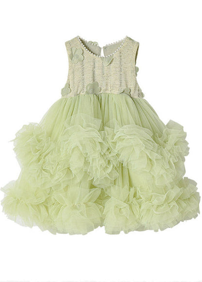 Elegant Green O-Neck Nail Bead Tulle Girls Long Dress Summer