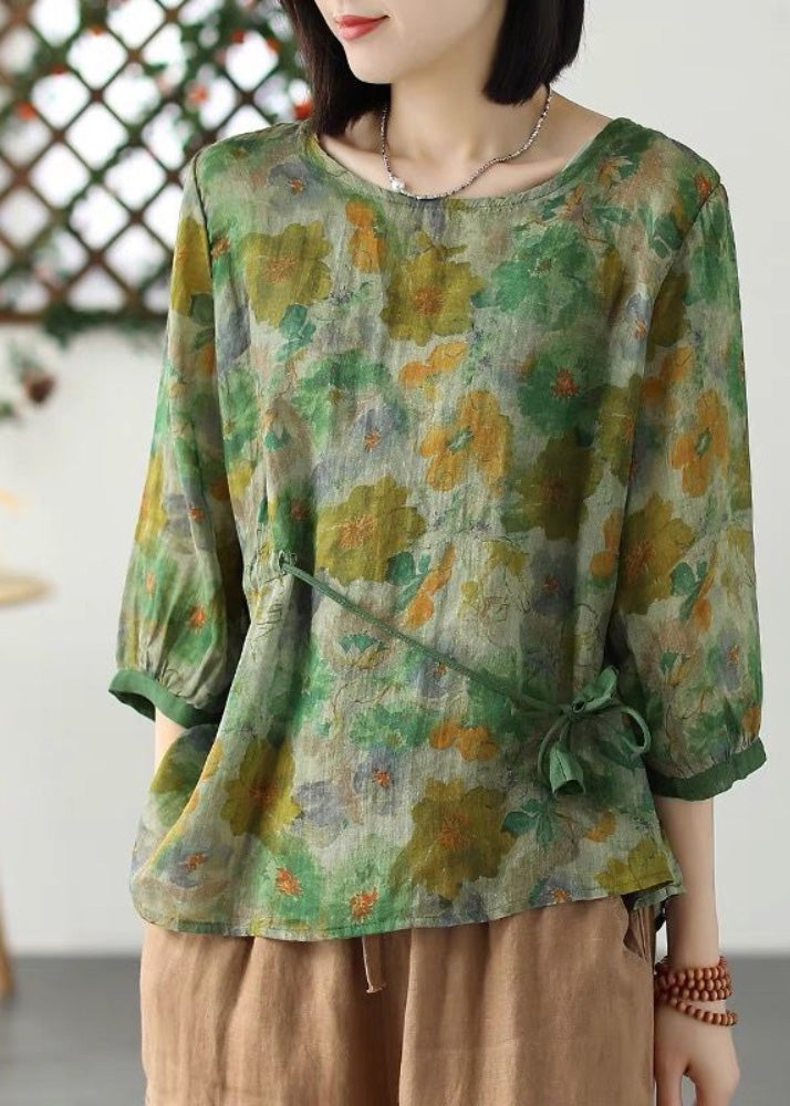 Elegante blusa de ramio verde con cuello redondo, estampado, cordón ajustable en la cintura y manga larga