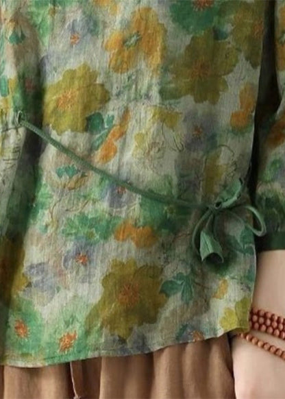 Elegante blusa de ramio verde con cuello redondo, estampado, cordón ajustable en la cintura y manga larga
