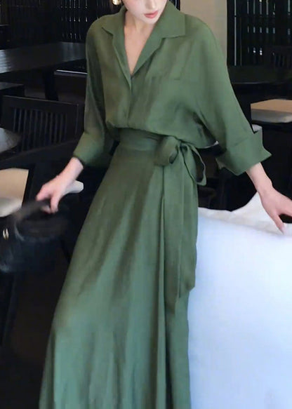 Elegant Green Peter Pan Collar Shirts And Skirts Cotton Two Pieces Set Spring