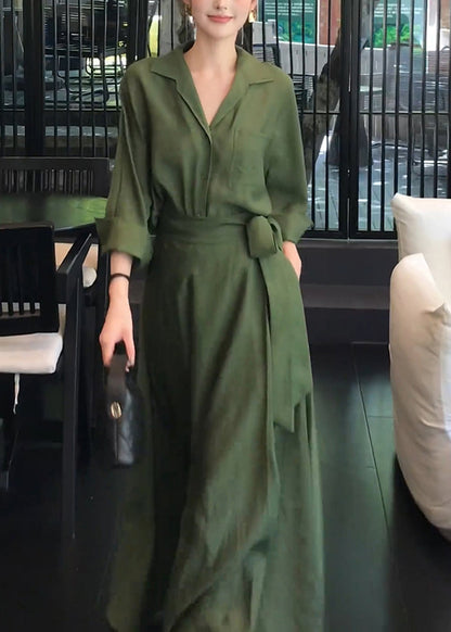 Elegant Green Peter Pan Collar Shirts And Skirts Cotton Two Pieces Set Spring