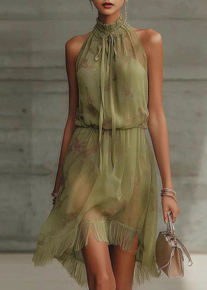 Elegant Green Print Stand Collar Lace Up Chiffon Vacation Dress Sleeveless