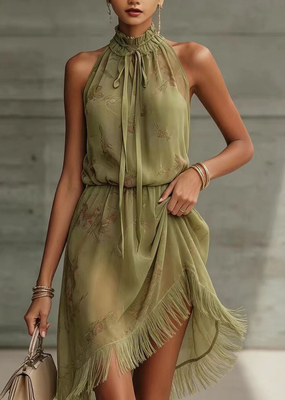 Elegant Green Print Stand Collar Lace Up Chiffon Vacation Dress Sleeveless