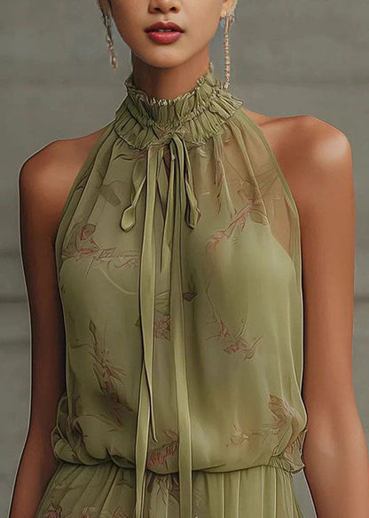 Elegant Green Print Stand Collar Lace Up Chiffon Vacation Dress Sleeveless