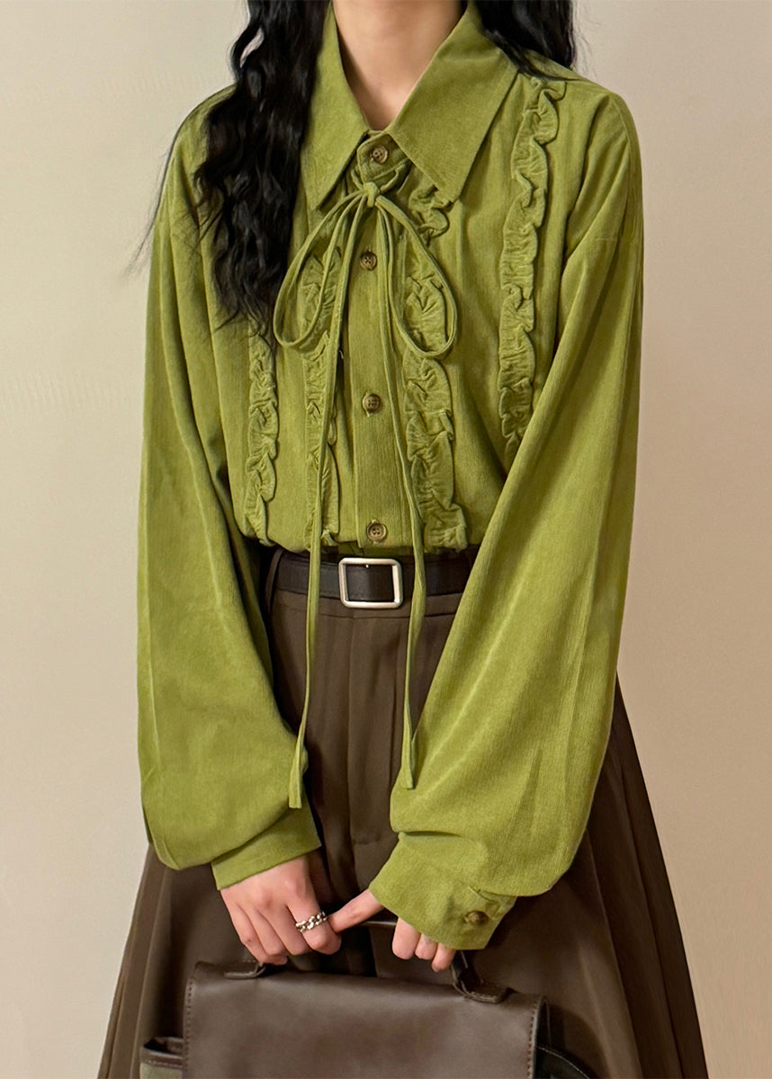 Elegant Green Ruffled Lace Up Cotton Shirt Top Spring