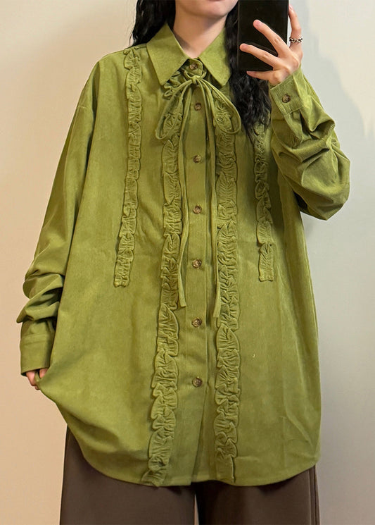 Elegant Green Ruffled Lace Up Cotton Shirt Top Spring