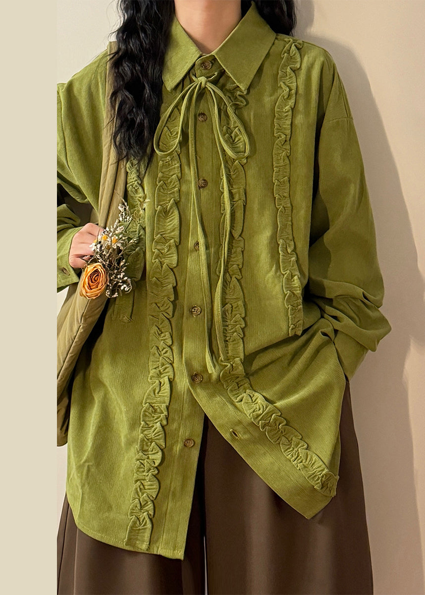 Elegant Green Ruffled Lace Up Cotton Shirt Top Spring
