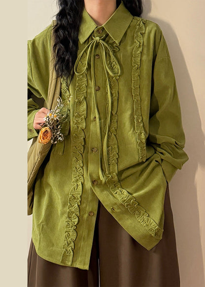 Elegant Green Ruffled Lace Up Cotton Shirt Top Spring