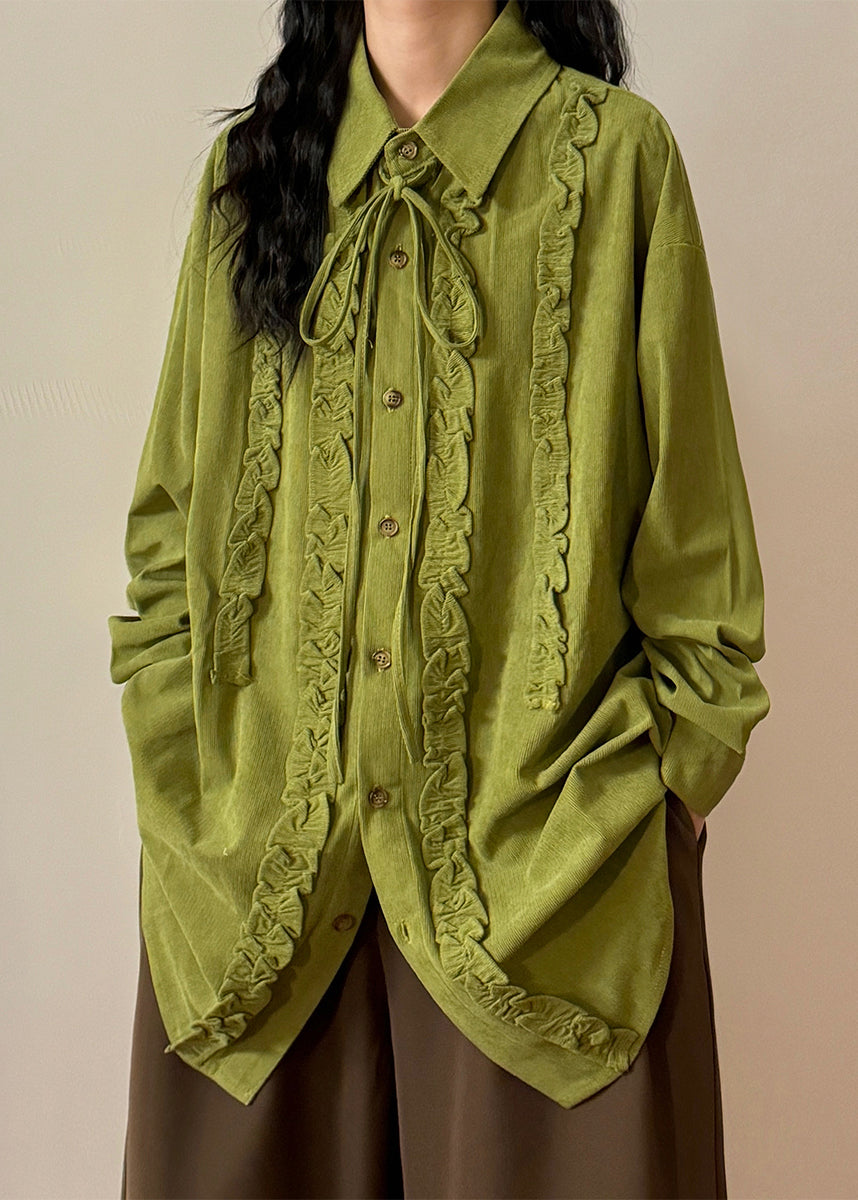 Elegant Green Ruffled Lace Up Cotton Shirt Top Spring