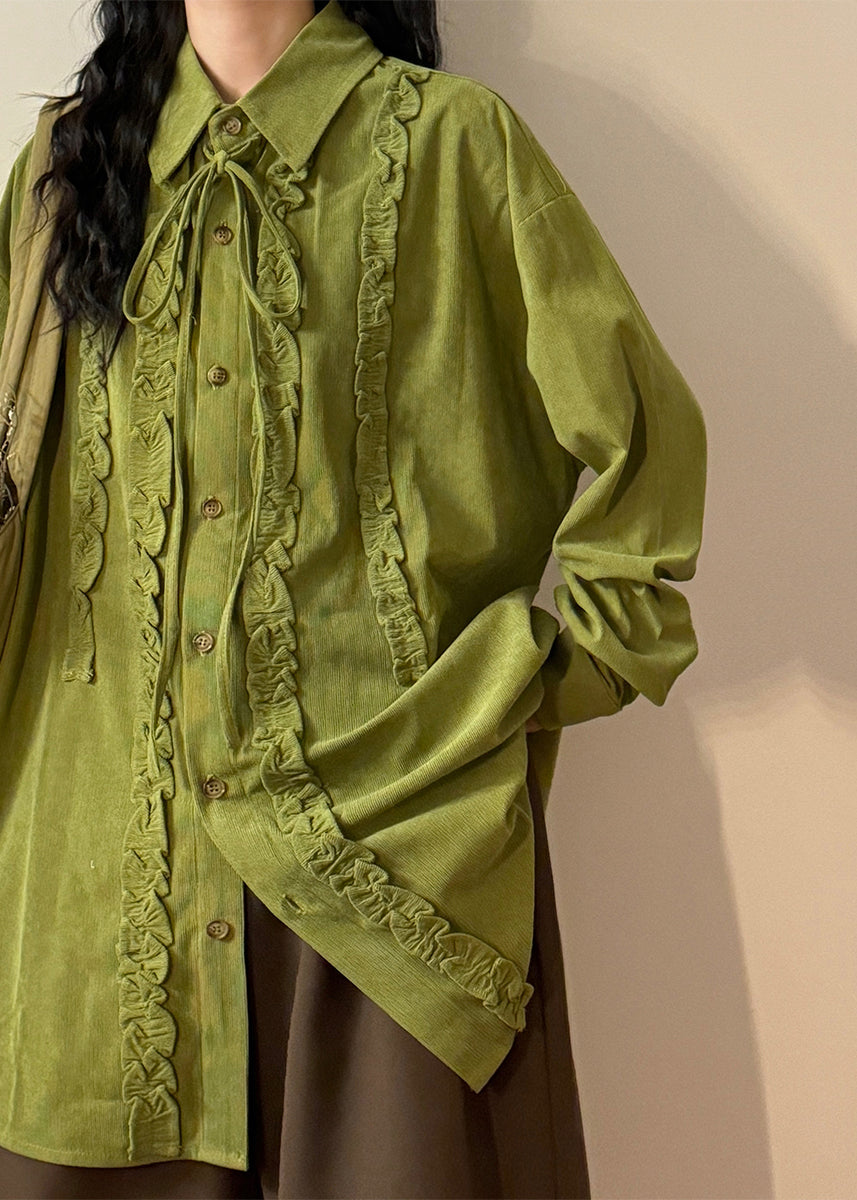 Elegant Green Ruffled Lace Up Cotton Shirt Top Spring