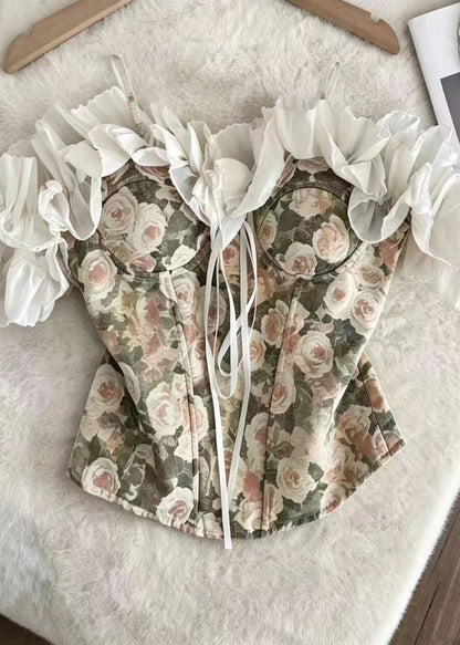 Elegant Green Ruffled Print Cotton Vests Summer