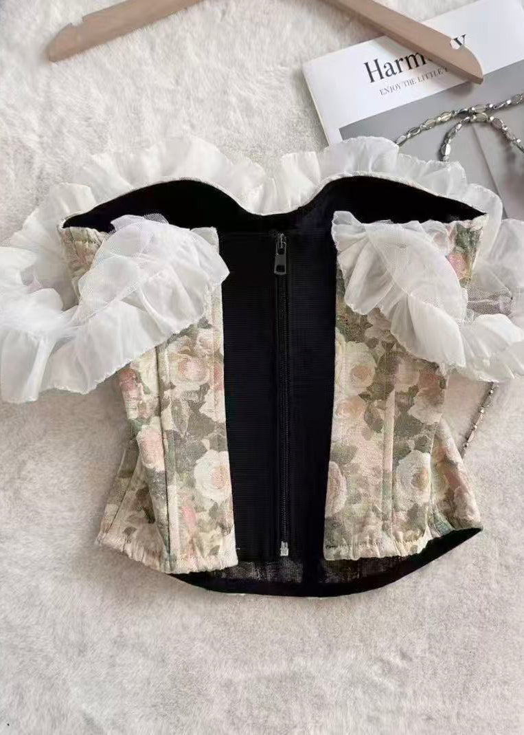 Elegant Green Ruffled Print Cotton Vests Summer