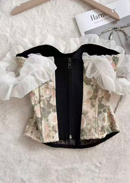 Elegant Green Ruffled Print Cotton Vests Summer